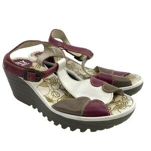 Fly London Sandals Shoes Womens Size 38 US 8 T-Strap Wedge Red Tan Open Toe
